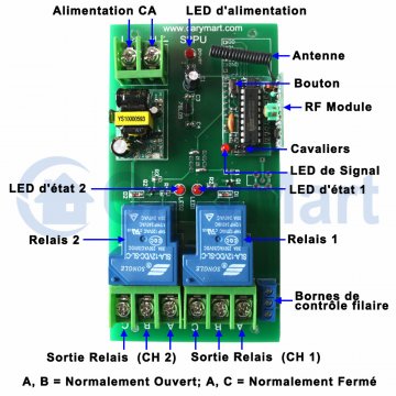 Kit Commande Radio Relais 110V 220V 10A 2 Canaux Contrôler Fenêtre/Porte  Avec Télécommande